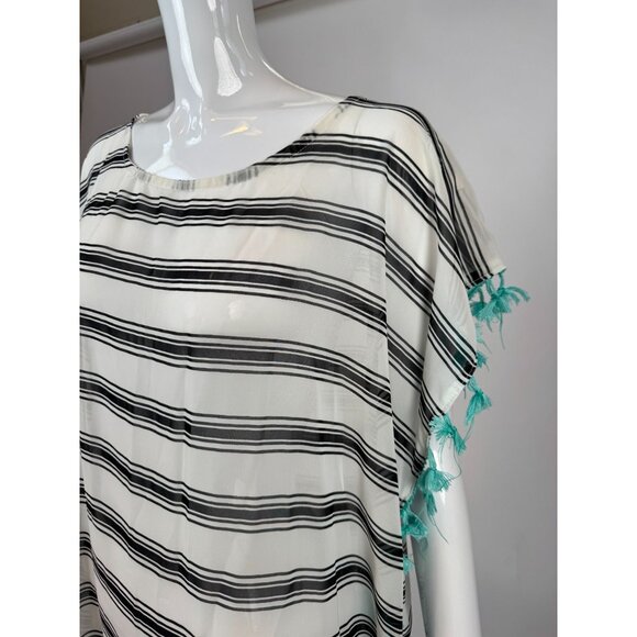 Black & White Striped Lightweight Kaftan With Tassels One Size 100% Polyester Wo - Picture 15 of 16